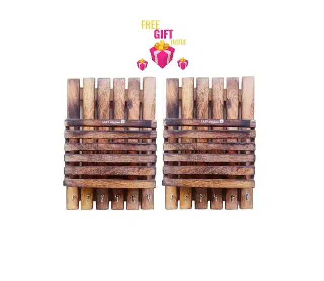 Wooden Handmade Antique Design Key Holder for Home, Brown, Pack of 2