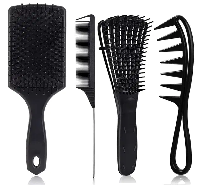 Plastic 4 Pcs Hair Care Comb Set, Black, Set of 1