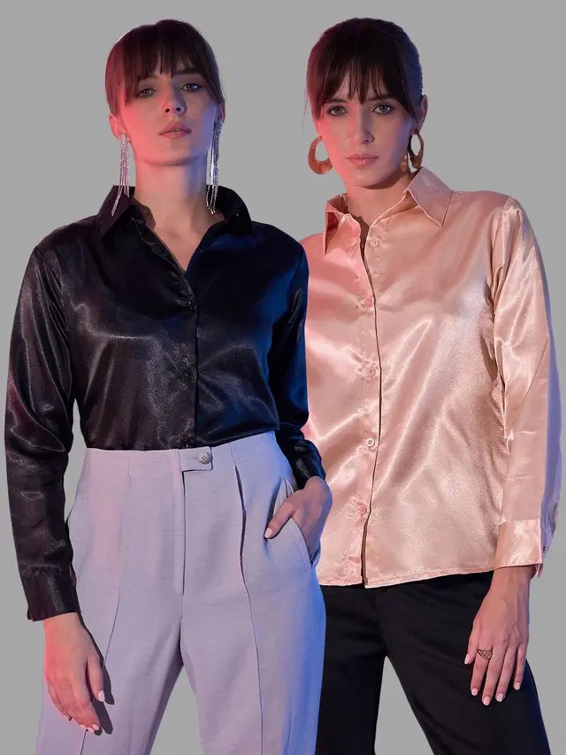 Full Sleeves Solid Shirt for Women, Pack of 2 (Beige & Black, M)