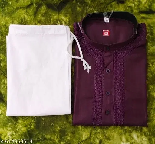 Cotton Solid Kurta Set for Men, White & Purple (M)