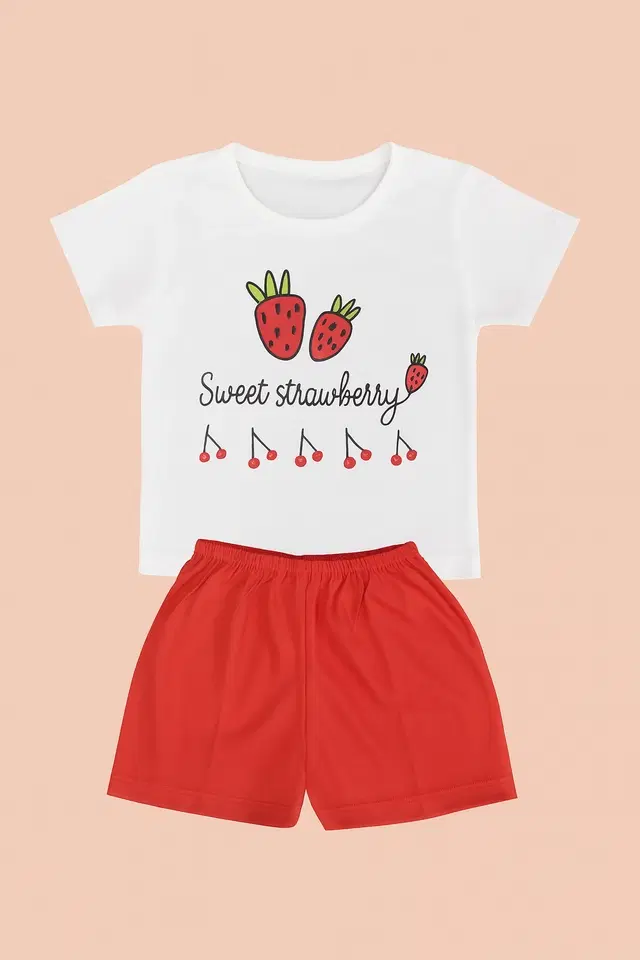 Cotton Blend Printed Clothing Set for Boys, White & Red (3-4 Years)