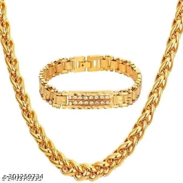 Designer Chain with Bracelet for Men & Boys, Set of 2 (Gold)