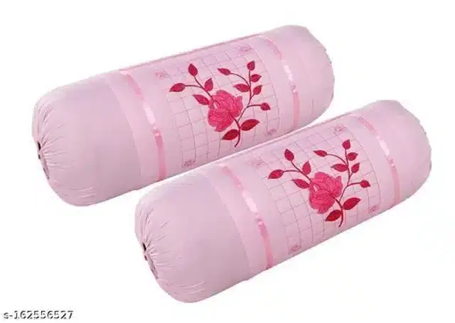 Embroidered Cotton Bolster Cover, Pink, 16x20 inches, Pack of 2