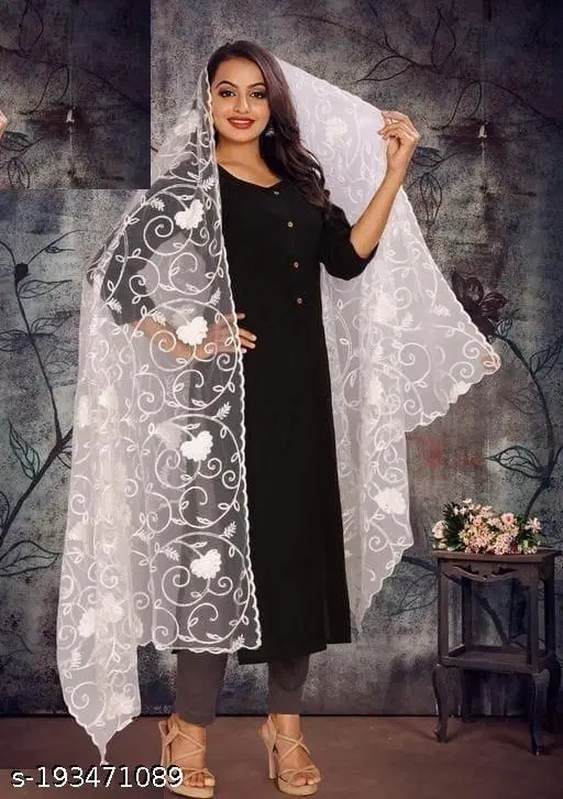 Botanical Embroidered Net Dupatta for Women (White, Free Size)