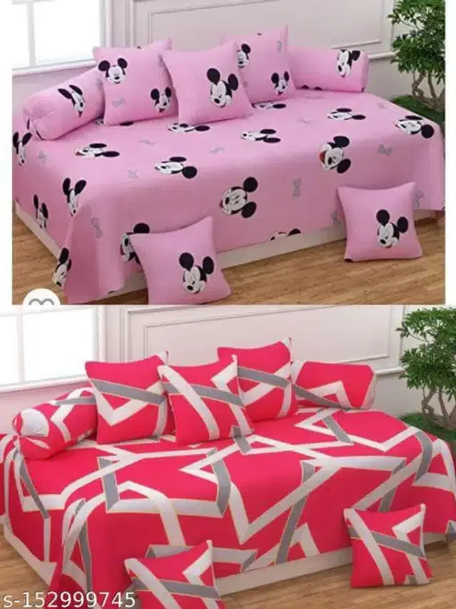 Polycotton Diwan Cover Set, Pink & Red, Combo of 2