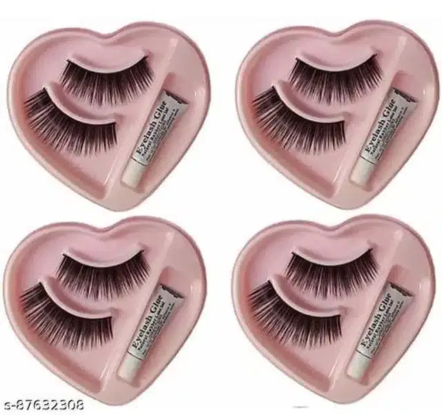 False Eye Lashes with Glue, Black, Pack of 4