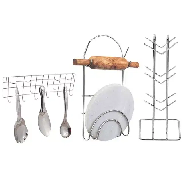Oc9 Stainless Steel Chakla Belan Stand & Cup Stand & Wall Mounted Ladle Hook Rail For Kitchen, Oc-149