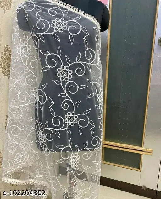 Embroidered Manipuri Net (White, Free Size)