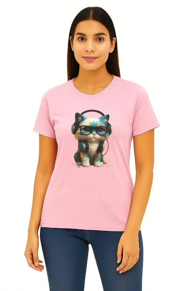Cotton Blend Printed T-shirt for Women, Pink (L)