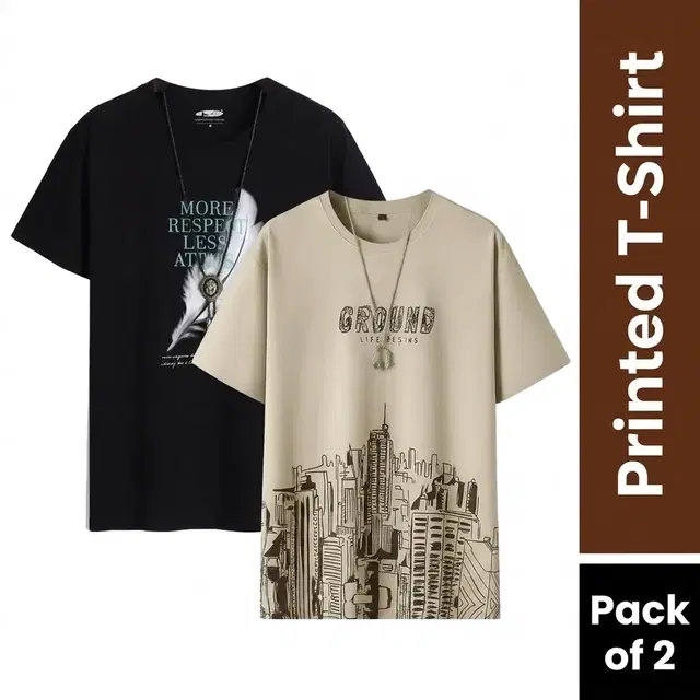 Men's Round Neck Printed T-Shirts - Pack of 2, Black & Beige, XL