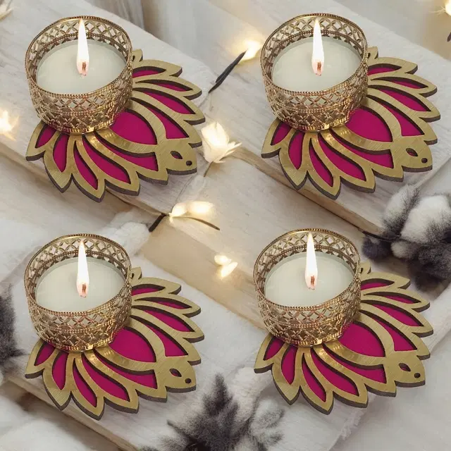 Metal Designer Tealight Candle Holder, Pink, 7x8x2 cm, Pack of 4