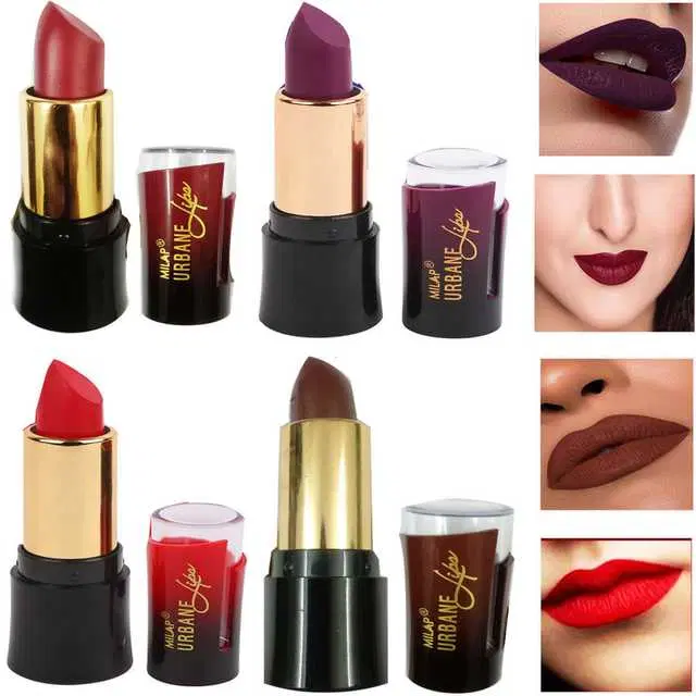 Combo of 1 Milap Urbane Lips Red Lipstick & 1 Milap Urbane Lips Violet Lipstick & 1 Milap Urbane Lips Maroon Lipstick & 1 Milap Urbane Lips Brown Lipstick, R437