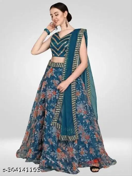 Lehenga Choli for Women (Rama, Semi Stitched)
