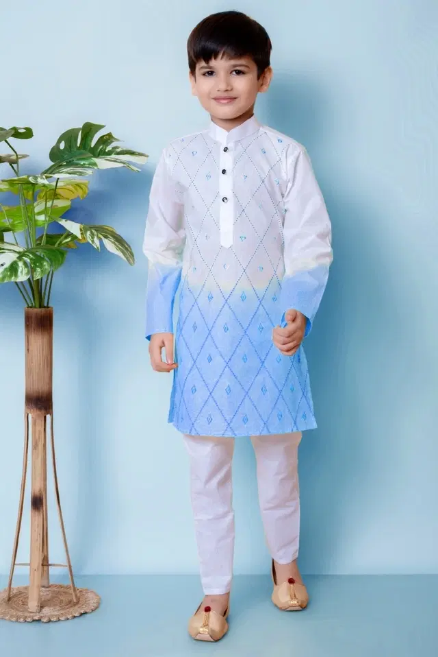 Cotton Embroidery Kurta with Payjama for Boys, Blue & White (6-12 Months)
