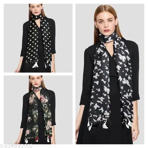 Chiffon Scarves for Women, Black, Pack of 3
