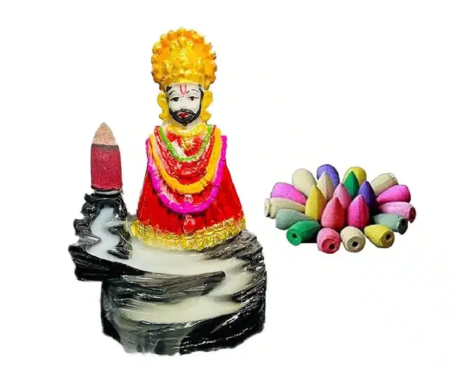 Shree Khatu Shyam Smoke Backflow Incense Holder with 10 Cones, Red & Gold, 12 cm