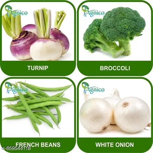 4 Vegetable Seeds Combo With Instruction Manual(Turnip/White Onion/Broccoli/French Beans)
