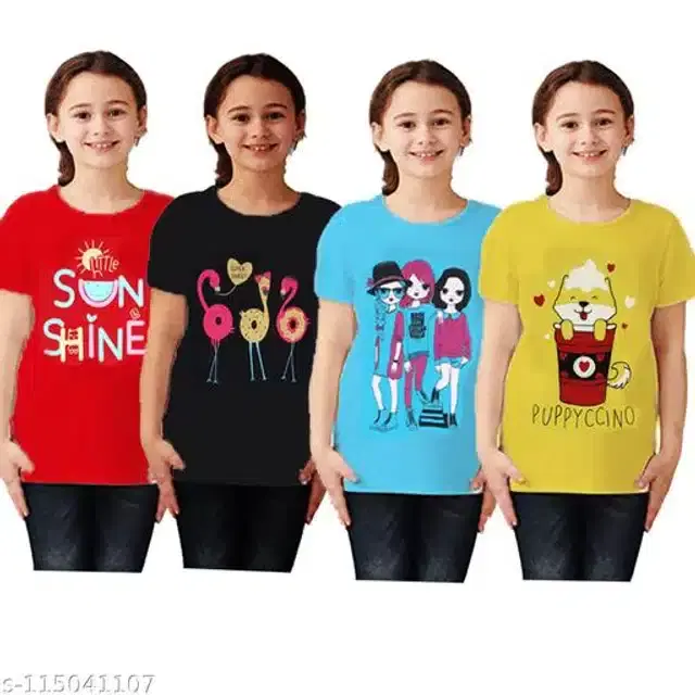 Cotton Half Sleeves T-Shirt for Girls, Pack of 4 (Multicolor, 6-7 Years)