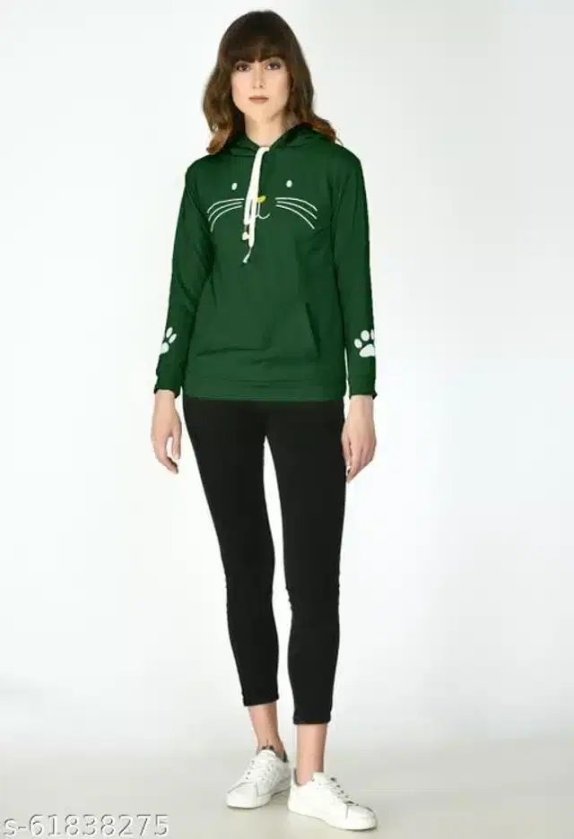 Fleece Printed Full Sleeves Hooded Sweatshirt for Women (Dark Green, XS)