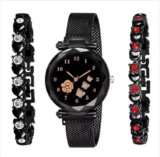 Analog Watch with 2 Pcs Bracelets for Women & Girls, Set of 3 (Black)