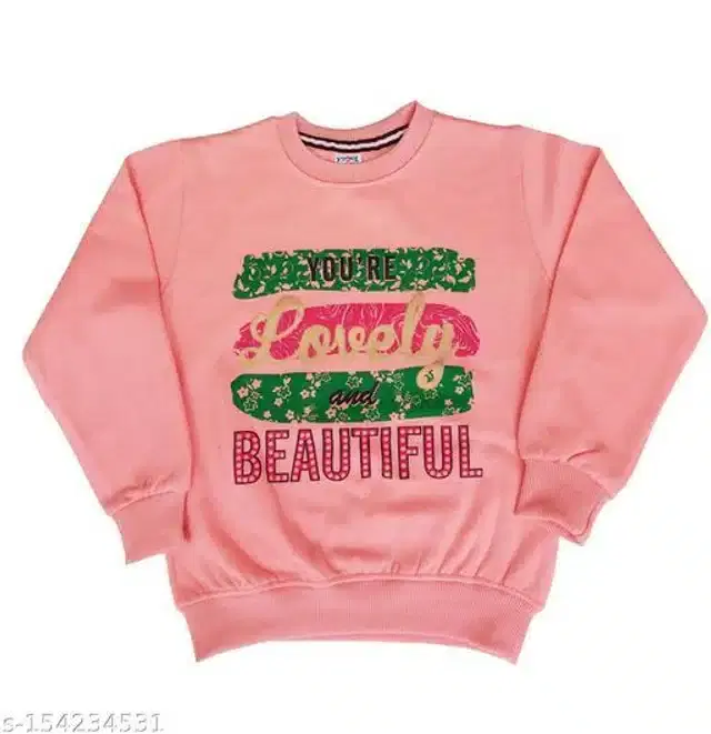Fleece Printed Full Sleeves Round Neck Sweatshirt for Girls (Peach, 3-4 Years)