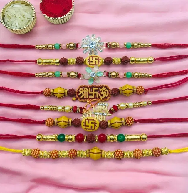 Handmade Designer Rakhi with Roli Chawal, Multicolor, Pack of 8