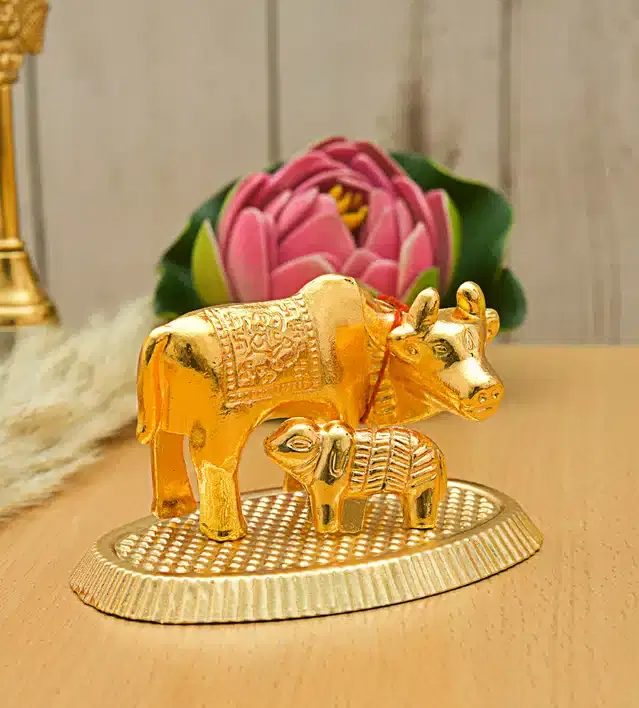 Kamdhenu Cow with Calf, Gold