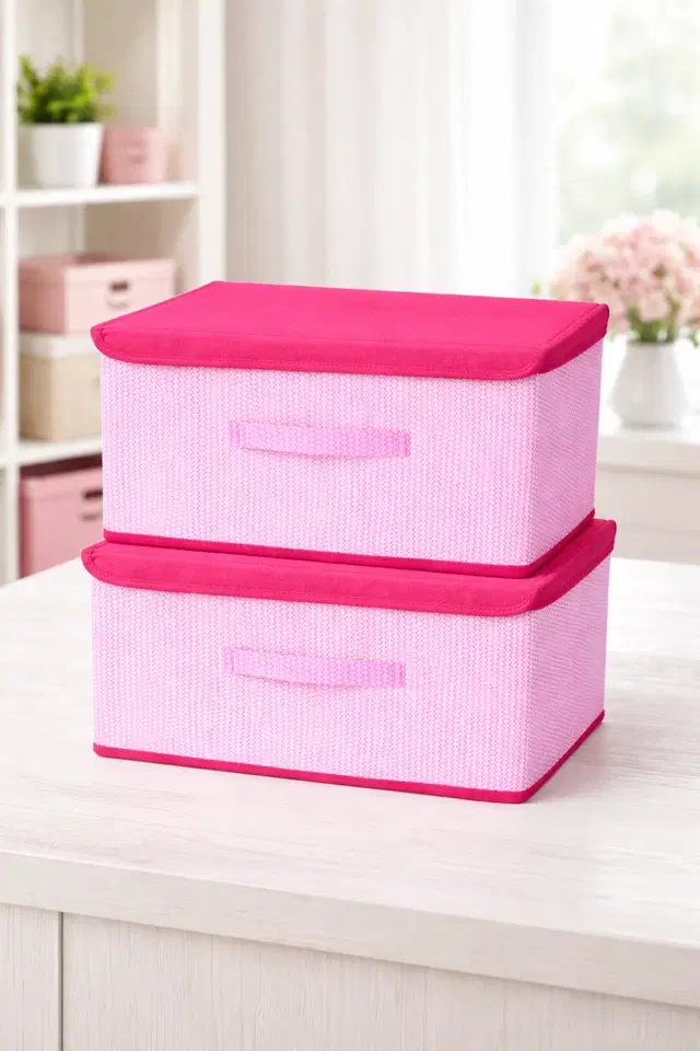 Craft Bazar Multipurpose Foldable Fabric Big Storage Box Combo of 2 with Lid and Handle for Clothes, Toys, Wardrobe, Shelf, Bedroom and Home Organization