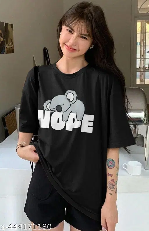 Cotton Blend Printed T-shirt for Women, Black (S)