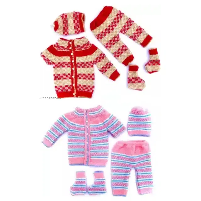 Full Sleeves Sweater with Pant, Cap & Booties, Pack of 2 (Multicolor, 0-6 Month)
