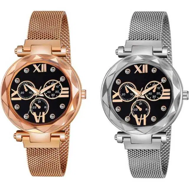 Casual Metal Analog Watch Combo Women, Pack Of 2 (Rose Gold & Silver) (MP-714)