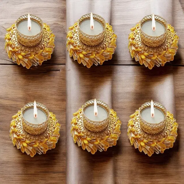 Metal Designer Tealight Candle Holder, Yellow, 7.2x7.2x2.5 cm, Pack of 6