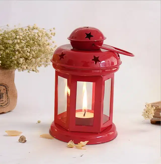Hanging Tealight Candle Holder Lantern, Red