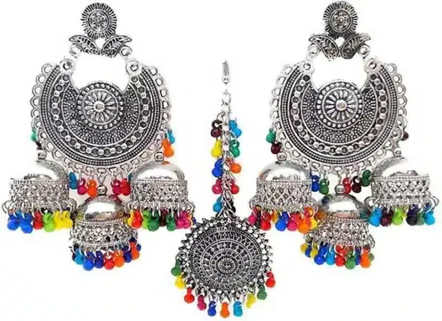 Tribal Jhumka with Maang Tikka Set (Silver)