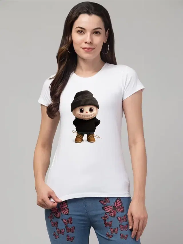 Cotton Blend Printed T-shirt for Women, White (S)