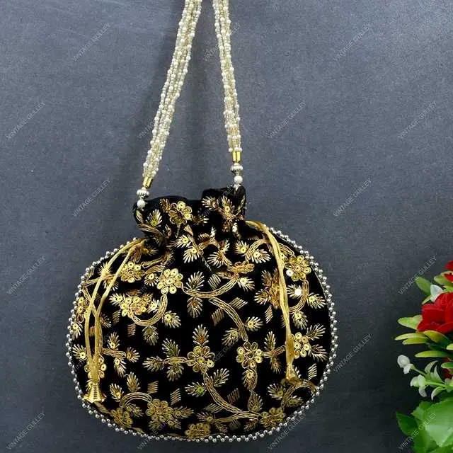 Velvet Ethnic & Traditional Handheld Potli for Women, Black, A-63