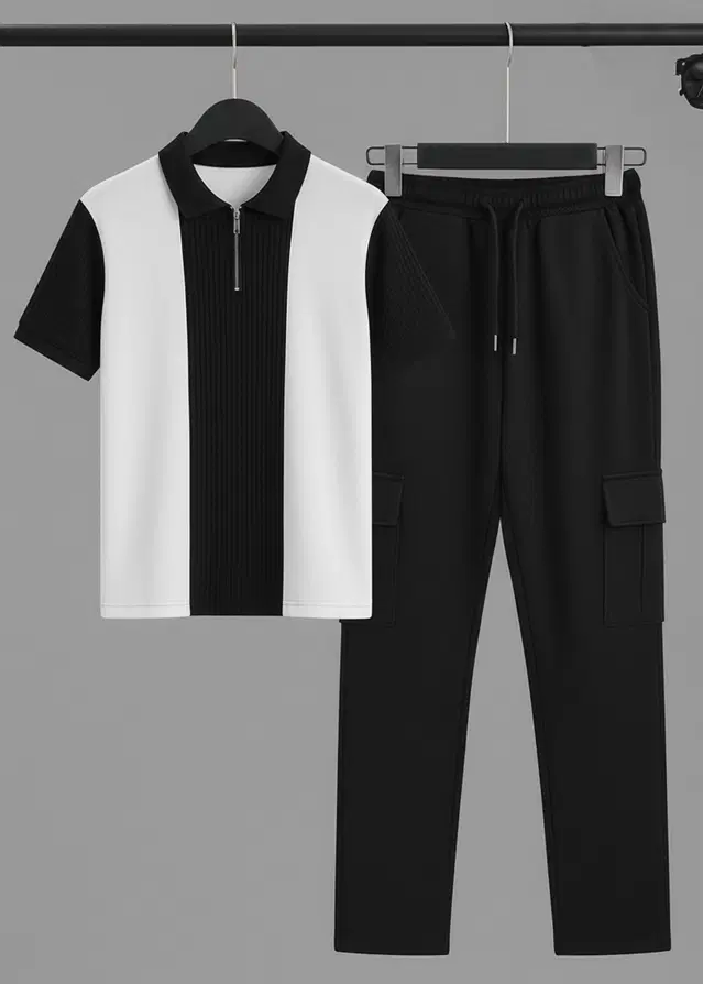 Colorblocked Night Suit For Men  Black , (M)