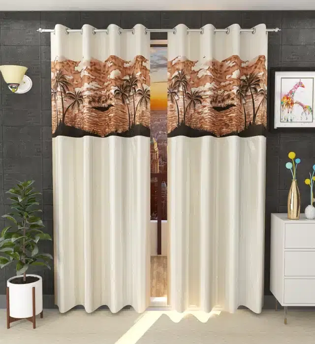 Polyester Patch Worked Window & Door Curtains, Pack of 2, Cream, 5 feet