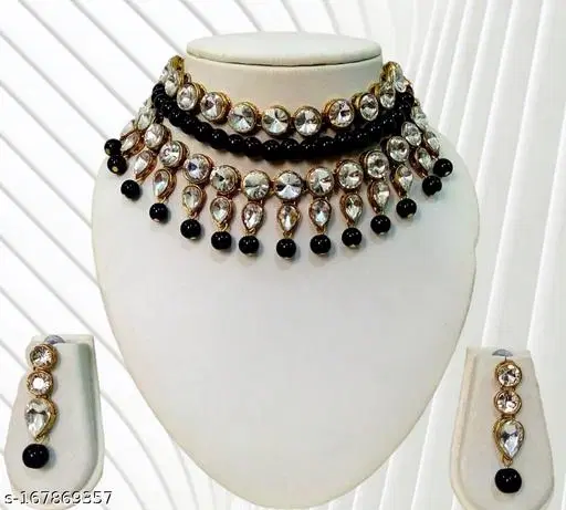 Beautiful Kundan Necklace Jewellery Set for Women & Girls, Black, Black