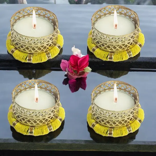 Metal Designer Tealight Candle Holder, Yellow, 5x5x2 cm, Pack of 4