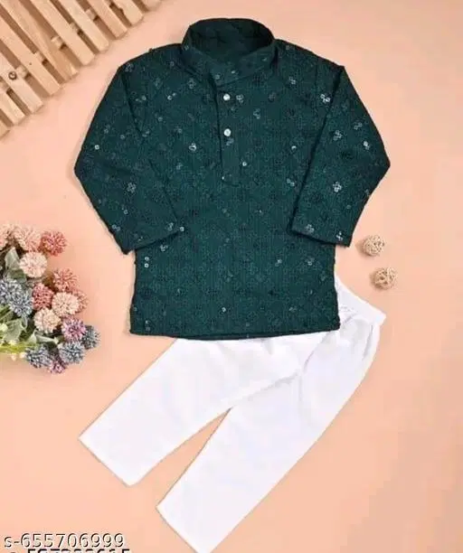 Floral Seqiunned Cotton Kurta Set for Boys (White, 6-12 Months)