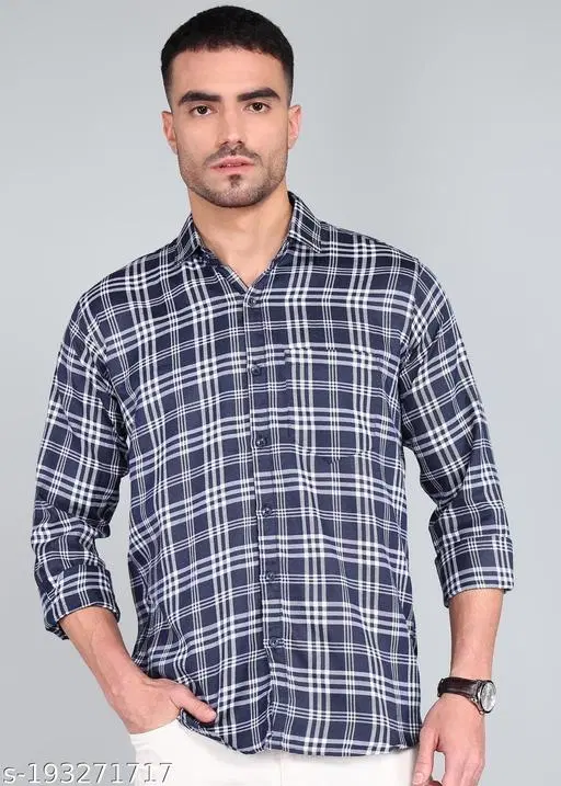 Cotton Blend Checked Shirts for Men, Blue (XXL)