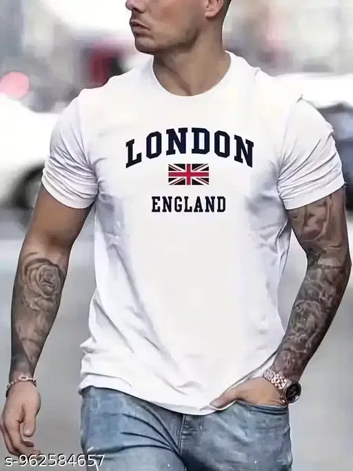 Round Neck Mens T-shirts Chest Print White Cotton Blend(M)