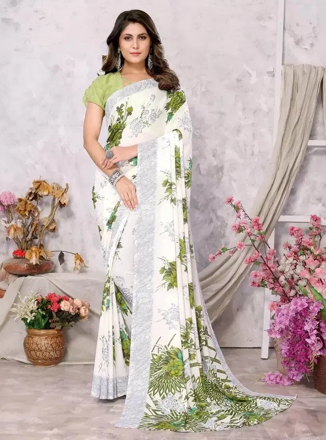 Georgette Saree for Women (White & Green, Free Size)