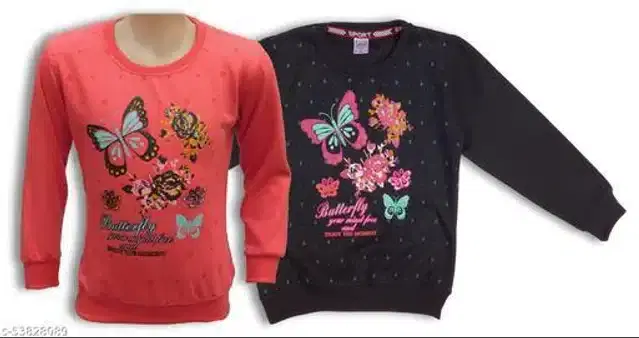 Fleece Printed Full Sleeves Round Neck Sweatshirts for Girls, Pack of 2 (Peach & Black, 4-5 Years)