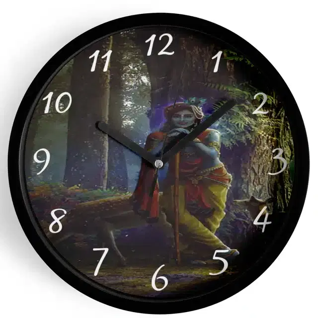 Analog Lord Krishna Wall Clock for Home, Black, 7 Inches