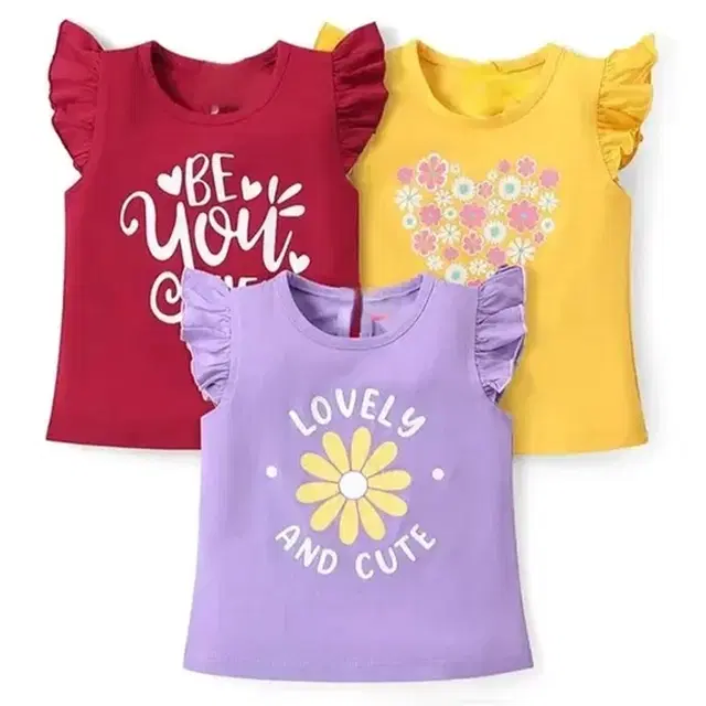 Cotton Printed Tops/Tunics for Girls, Pack of 3, Multicolor (3-4 Years)