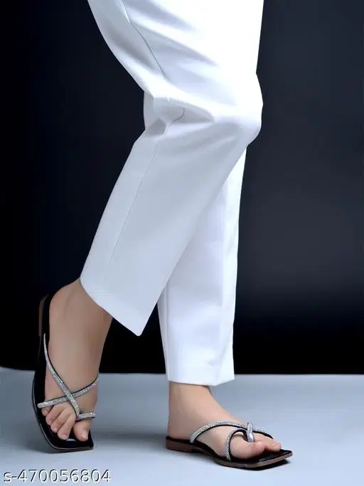 Embellished Synthetic Flat Sandals for Women (Black, IND-3)