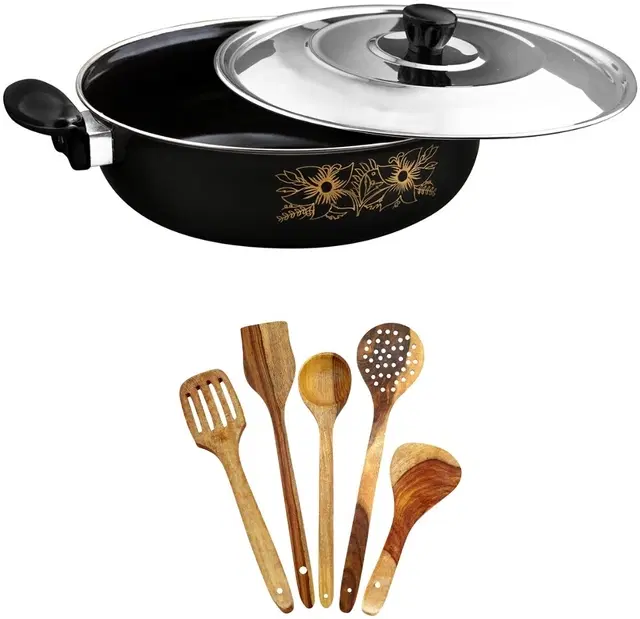 Cast Iron Kadai with 5 Pcs Spatula Set, Multicolor, Set of 2