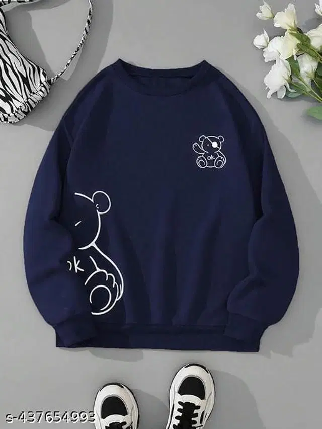 Cotton Blend Printed Sweatshirt for Women (Navy Blue, S)